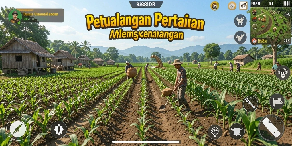 Tampilan gameplay menarik dari 888IDR dengan berbagai aktivitas pertanian.