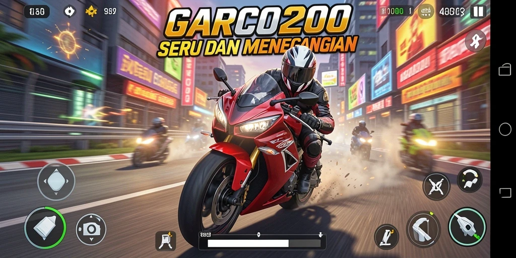Screenshot gameplay GARCO200 menampilkan aksi balapan motor yang intens.