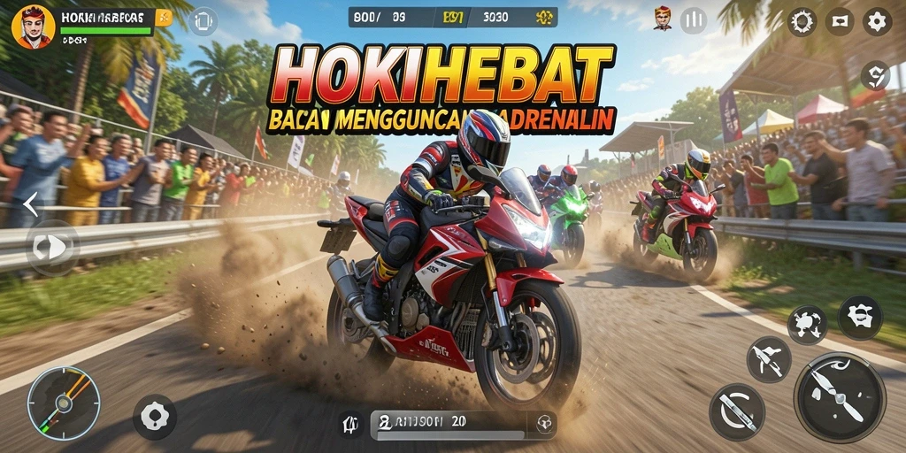 Tampilan gameplay HOKIHEBAT dengan motor balap yang memukau.