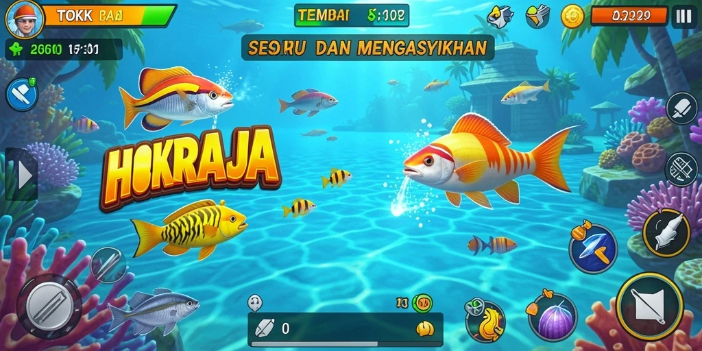 Tampilan gameplay seru HOKIRAJA dengan aksi menembak ikan.