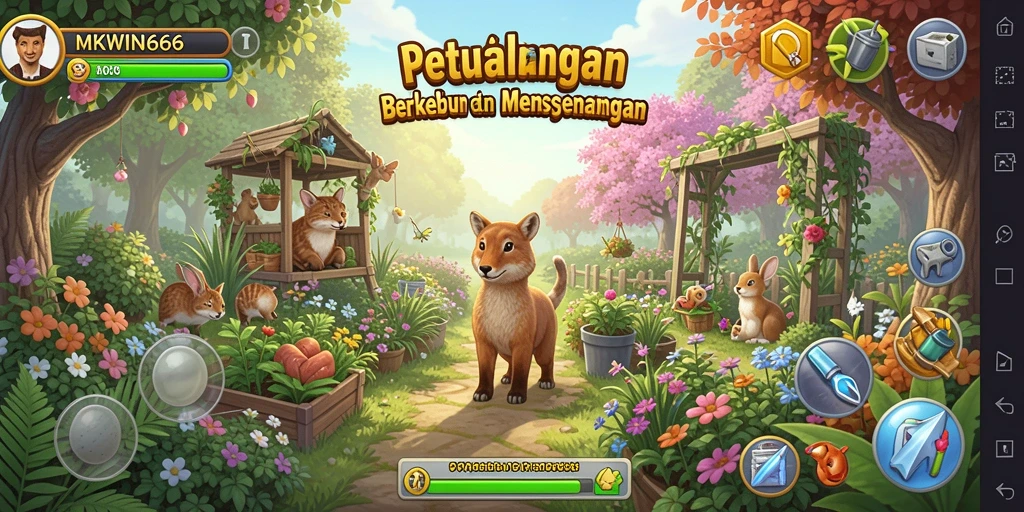 Screenshot gameplay MKWIN666 menampilkan kebun yang indah dan subur.