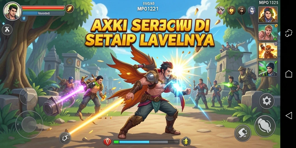 Screenshot gameplay MPO1221 menunjukkan aksi menegangkan di arena pertarungan.