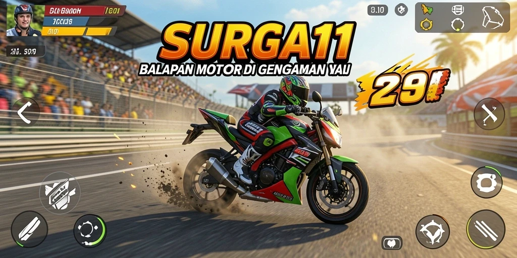 Screen capture dari gameplay SURGA11 yang intens dalam balapan motor.