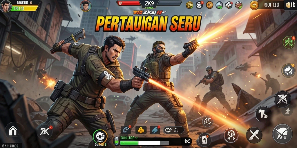 Screenshot ZK9 menunjukkan gameplay aksi yang intens dan grafis menawan.